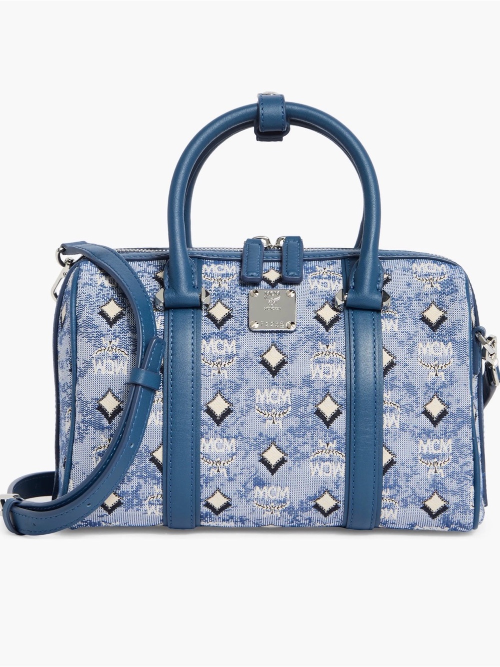 MCM Small Aren Boston Bag Blue Denim Visetos Jacquard NWT